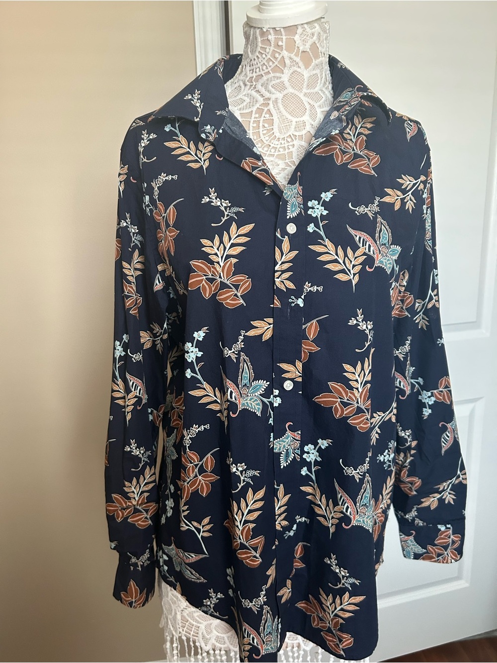 Club Room Navy Floral Button-Down Shirt with Tan Accents